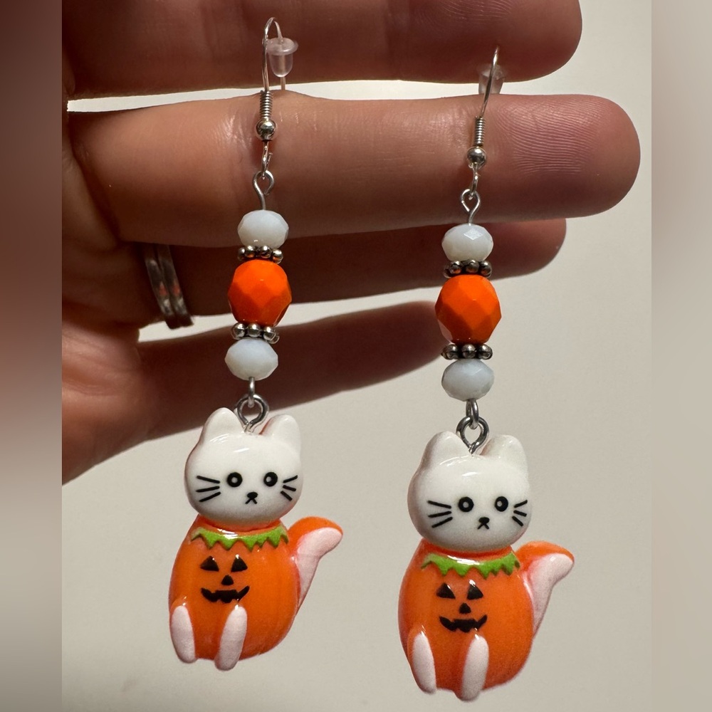 Halloween Cat Earrings - Orange and White